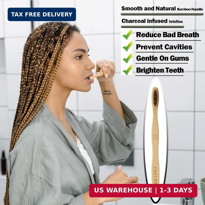 10 Count Bamboo Toothbrush (Soft+Medium) Charcoal Toothbrushes, Natural Wood Too gallery