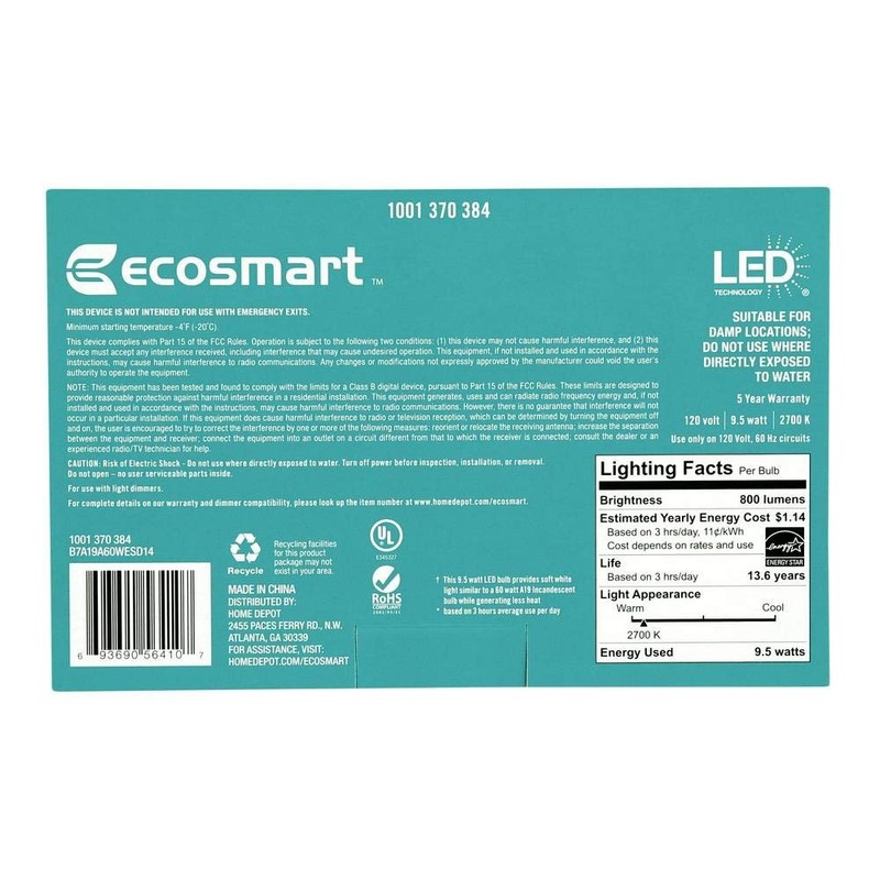 EcoSmart 60W Equivalent Soft White A19 Energy Star and Dimmable LED Light Bulb gallery