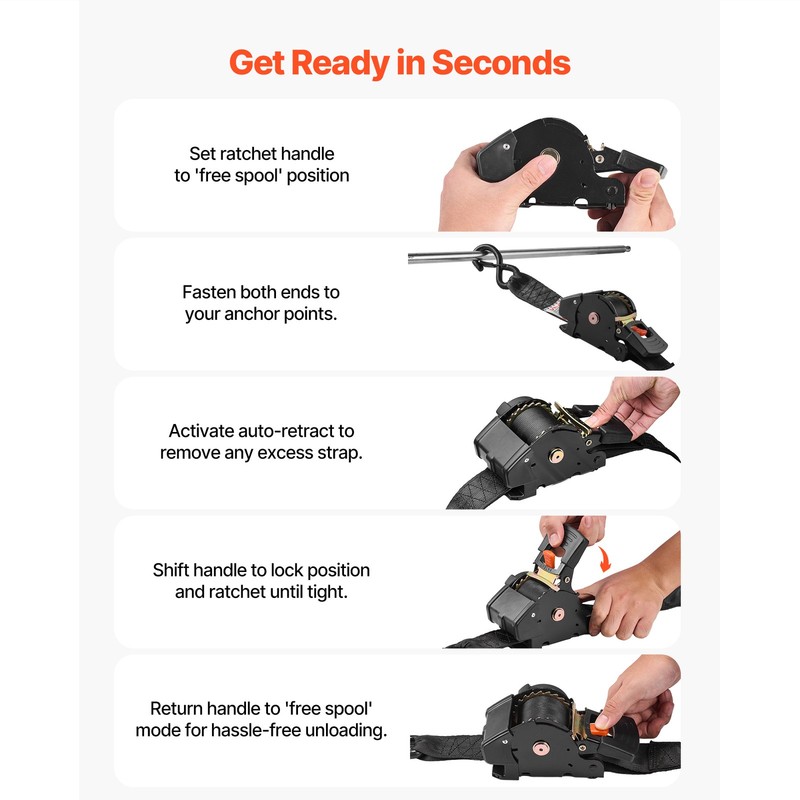 Uimoso 2 Pack 2" x 10' Retractable Ratchet Tie Down Straps, 3033 lbs Capacity gallery