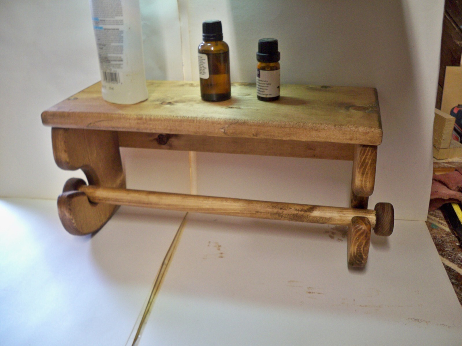 Handcrafted Pine Wood Paper Towel  Holder with Shelf (screws added with item) gallery