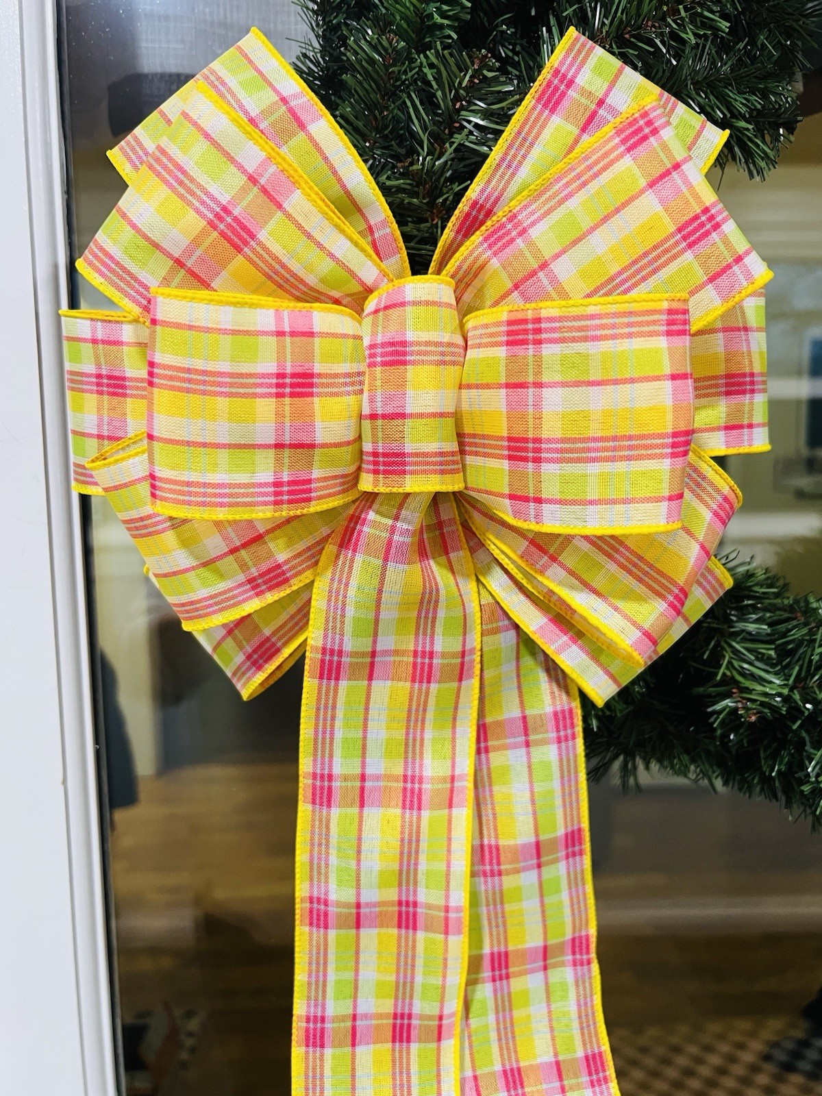 Handmade White Pink Yellow Green Plaid Bow for Spring or Summer Wreath or Basket gallery
