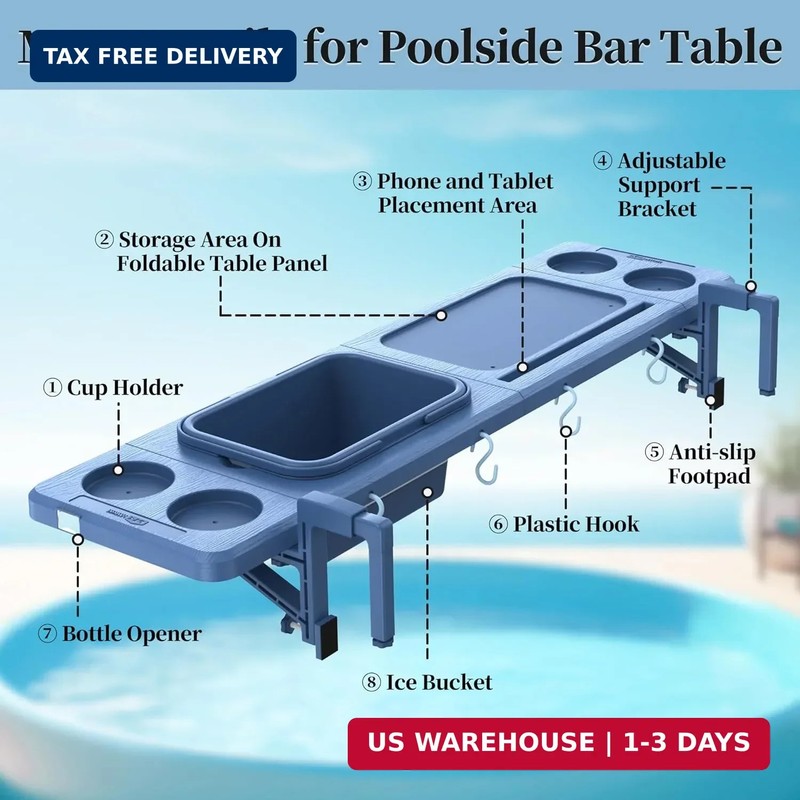 Poolside Bar with Ice Bucket, Poolside Bar Table with Adjustable Support Bracket gallery