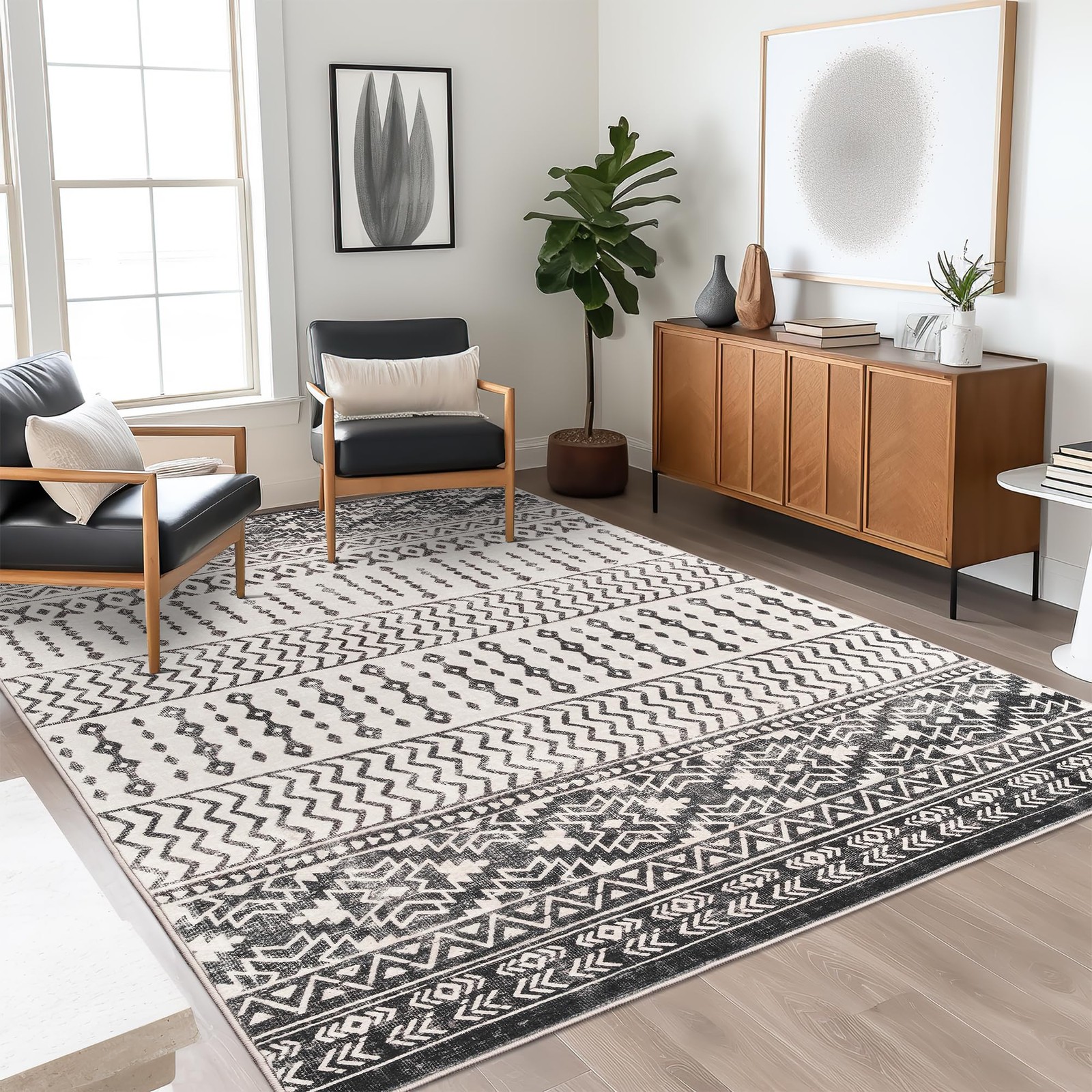 5x7 Ft Black Moroccan Geometric Area Rug UltraThin Washable AntiSlip Floor gallery
