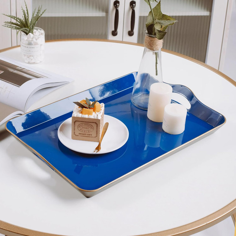 Large Blue Serving Tray with Handles, Plastic Decorative Tray for Coffee Table gallery