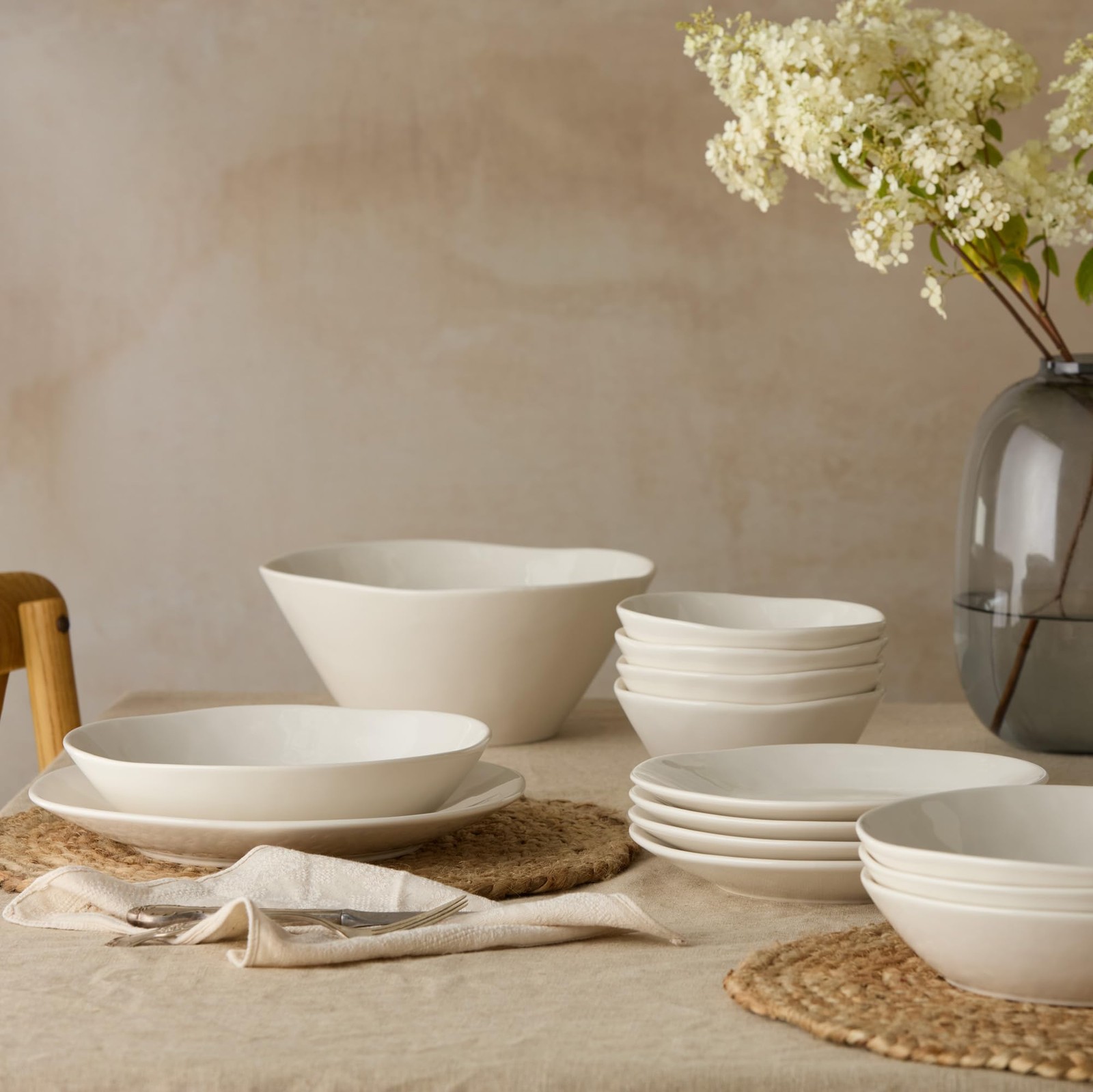 Linen Cream Stoneware Deep Bowl 88 oz - 10.25"x4.5" Neutral Matte Glazed Serving gallery