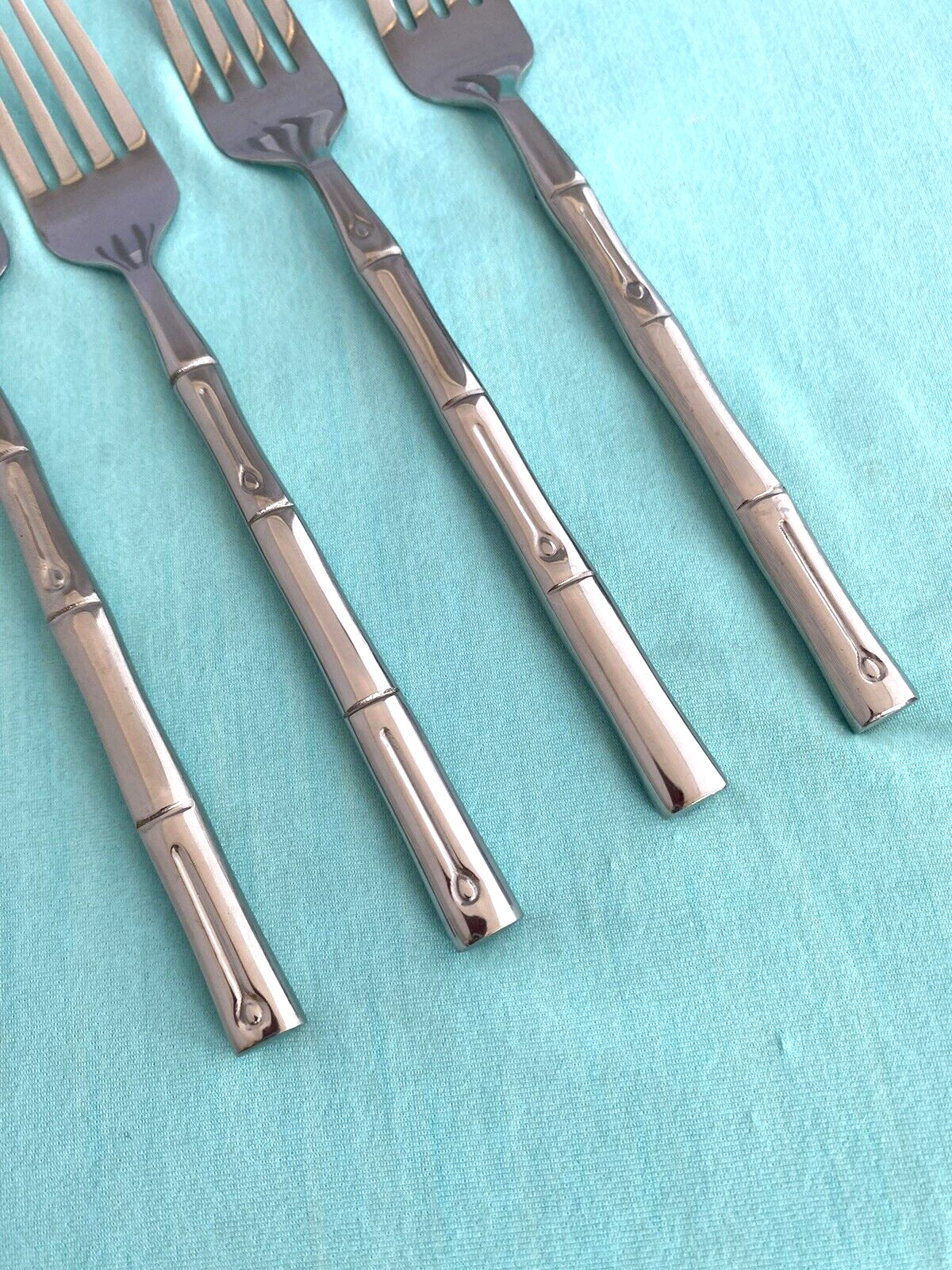 NEW 4 Hampton Forge BAMBOO Salad Forks Signature Stainless GLOSSY 7" gallery