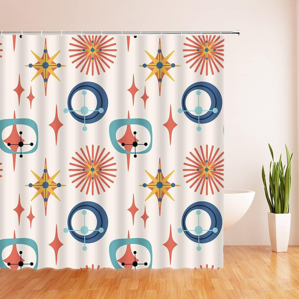 Mid Century Shower Curtain Atomic Starbursts Retro Abstract Geometric Space Geom gallery