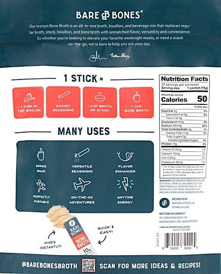 BARE BONES INSTANT BONE BROTH BEEF BOUILLON 12 STICK 1Og PROTEIN 5g COLLAGEN gallery