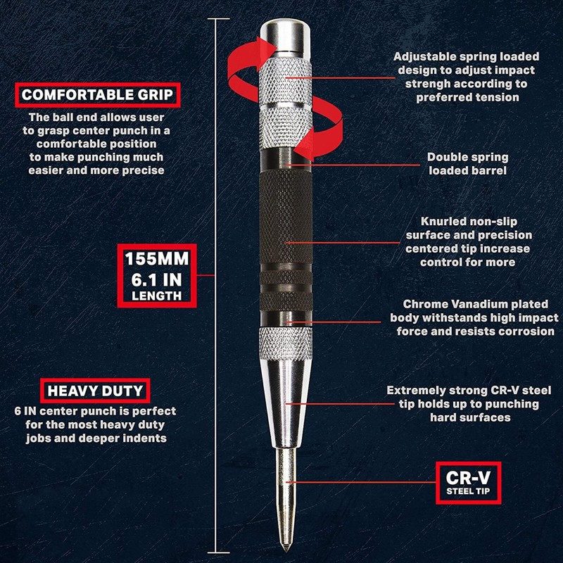 Automatic CENTER PUNCH Tool Adjustable Spring Loaded Super Strong Metal Drill gallery