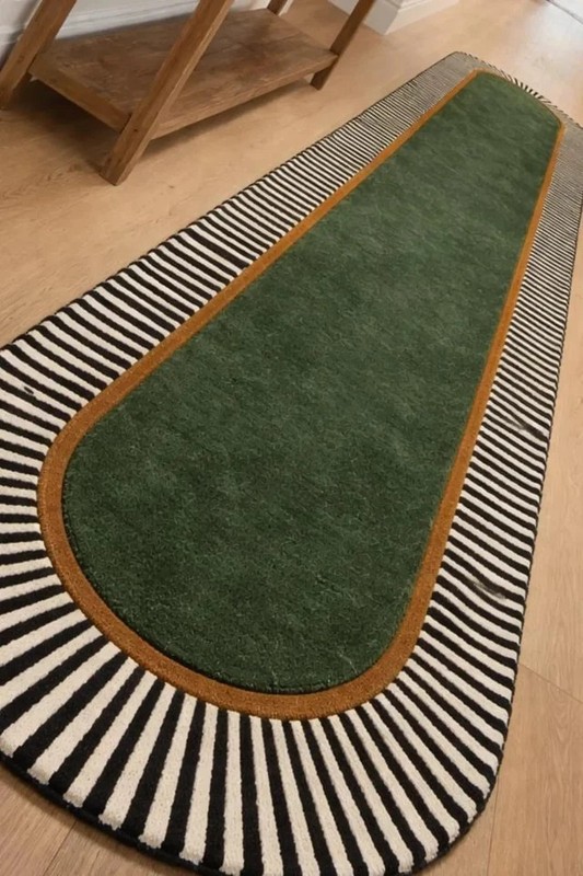 Hand-Tufted Modern Runner Carpet with Green Center & Striped Border gallery