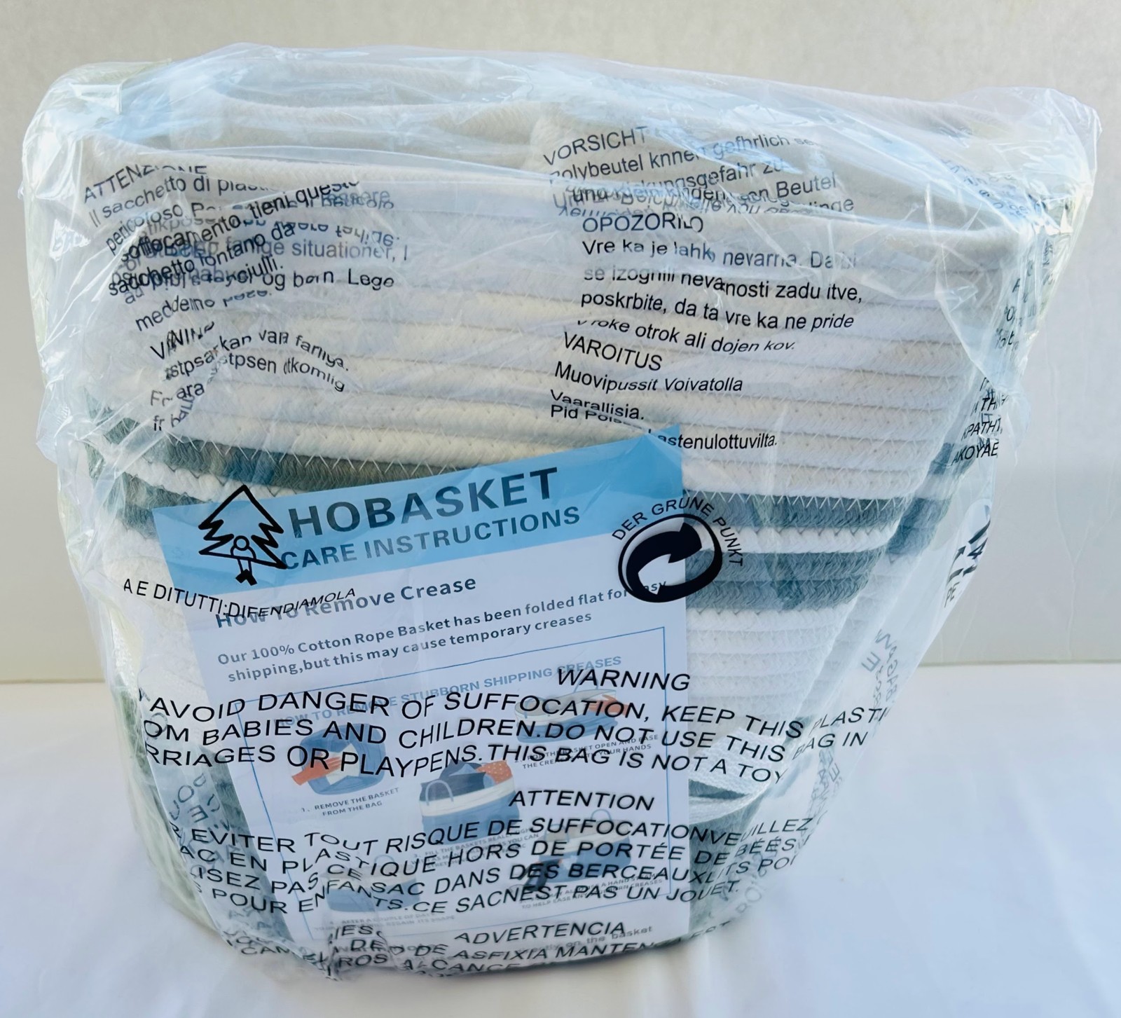 Cotton Basket, Rectangle, 12”x17”x22”, Sage Green/Ivory, New, Original Package gallery