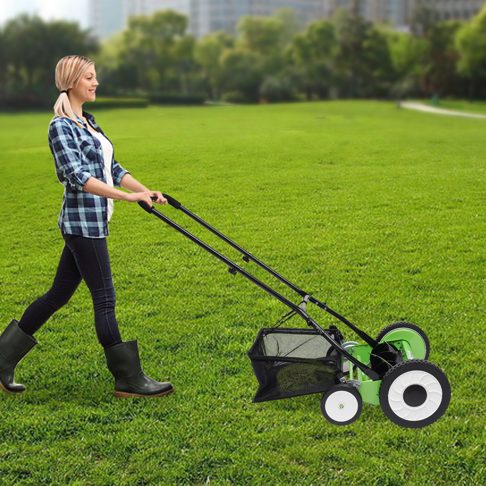 16" Walk Behind Manual Reel Mower Adjustable 5-Blade Hand Push Lawn Catcher Yard gallery