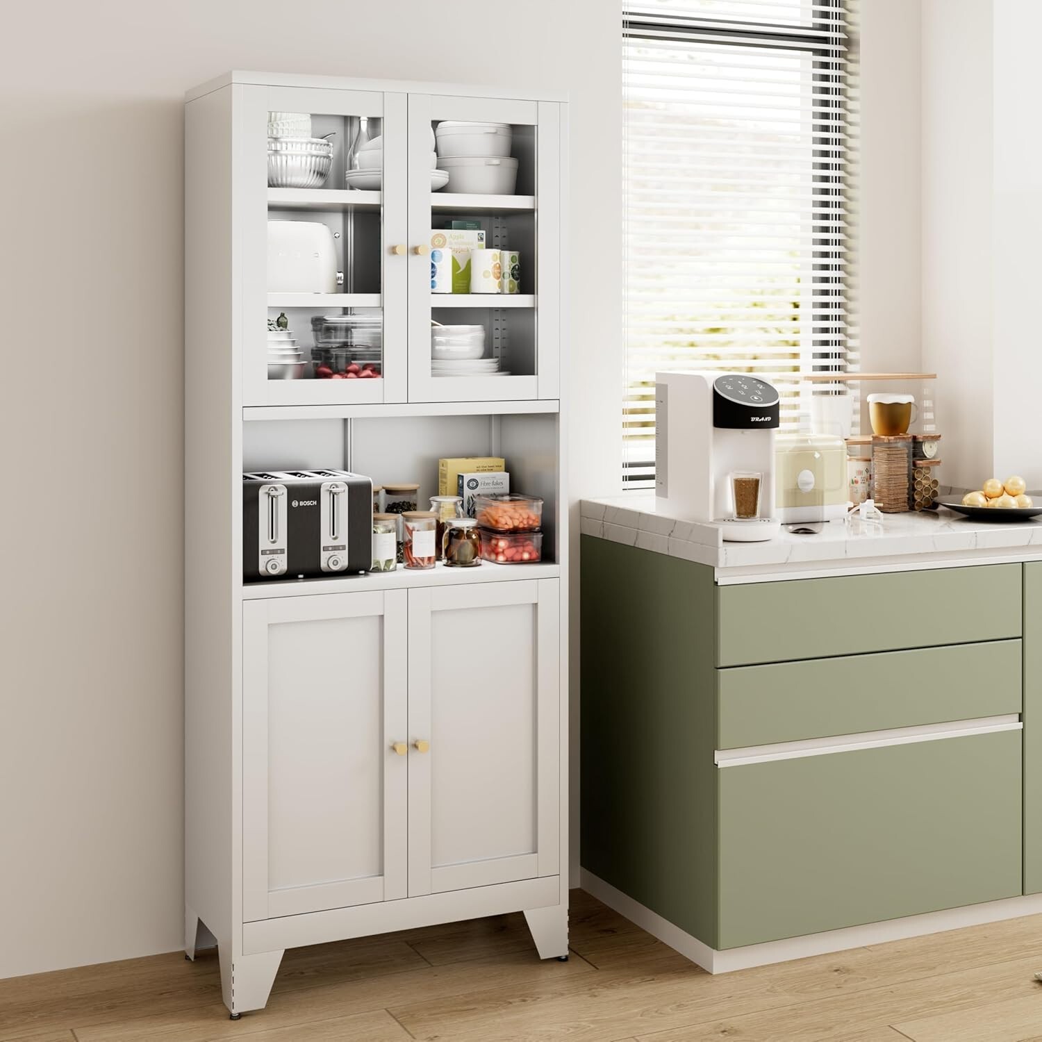 Elegro 69" Metal Modern Kitchen Pantry Storage Cabinet With Glass Doors For Home gallery