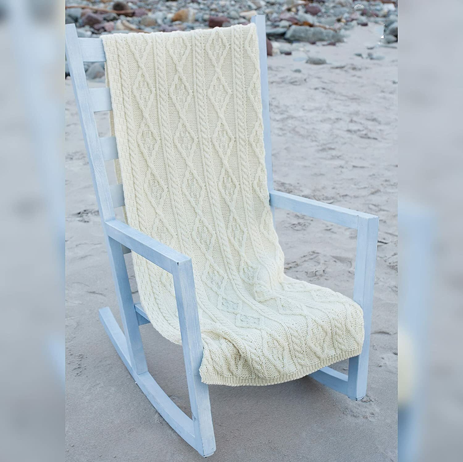 Cable Knit Blanket Irish Merino Wool Throw Traditional Aran Knit Ivory 40"x 66" gallery