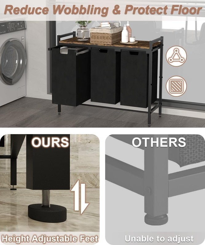 NEW Laundry Hamper 3 Bag Sorter Pull Out Removable Rustic Brown Black gallery