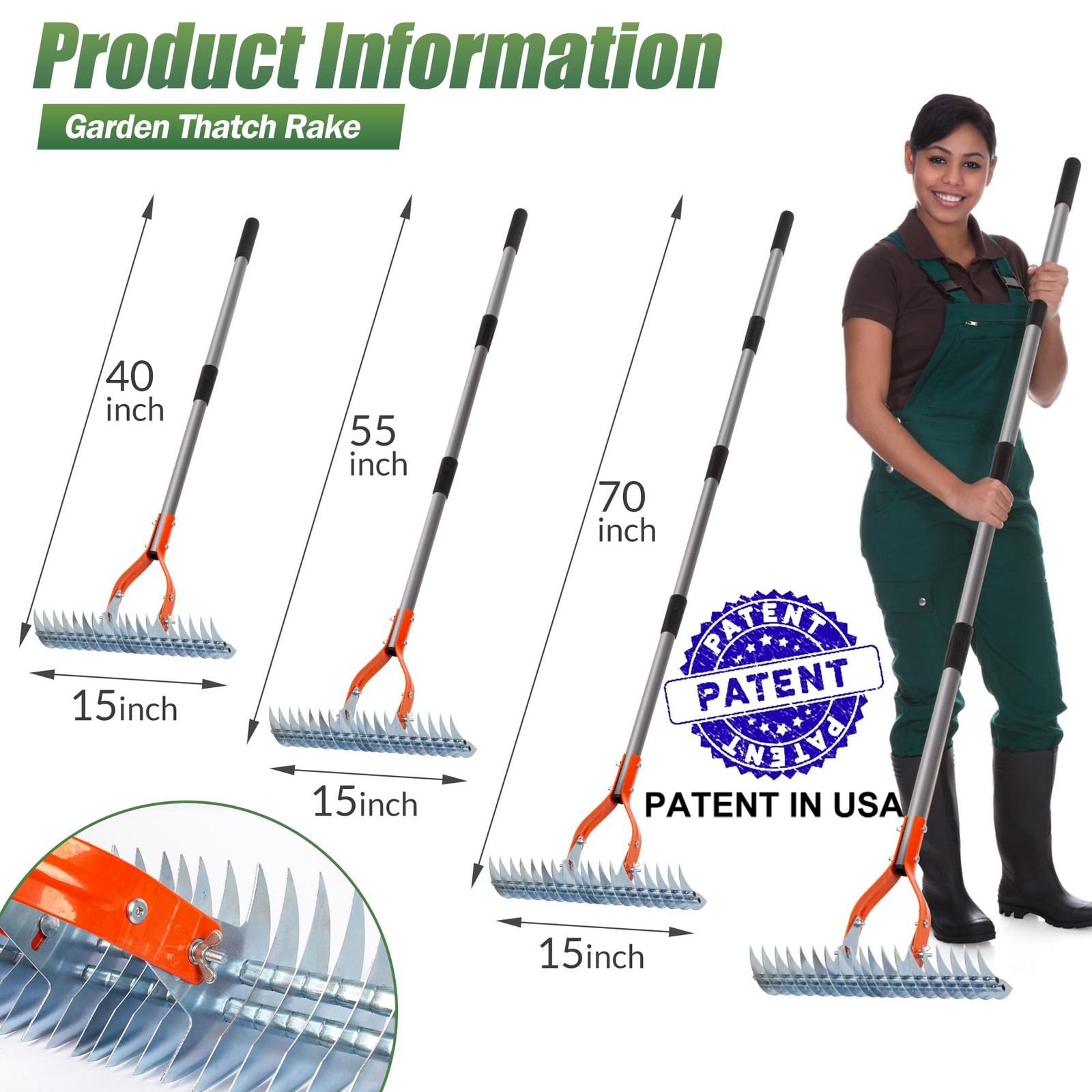 Thatch Rake for Lawn, 15-Inch Dethatcher Rake with Adjustable Sectional Handl... gallery