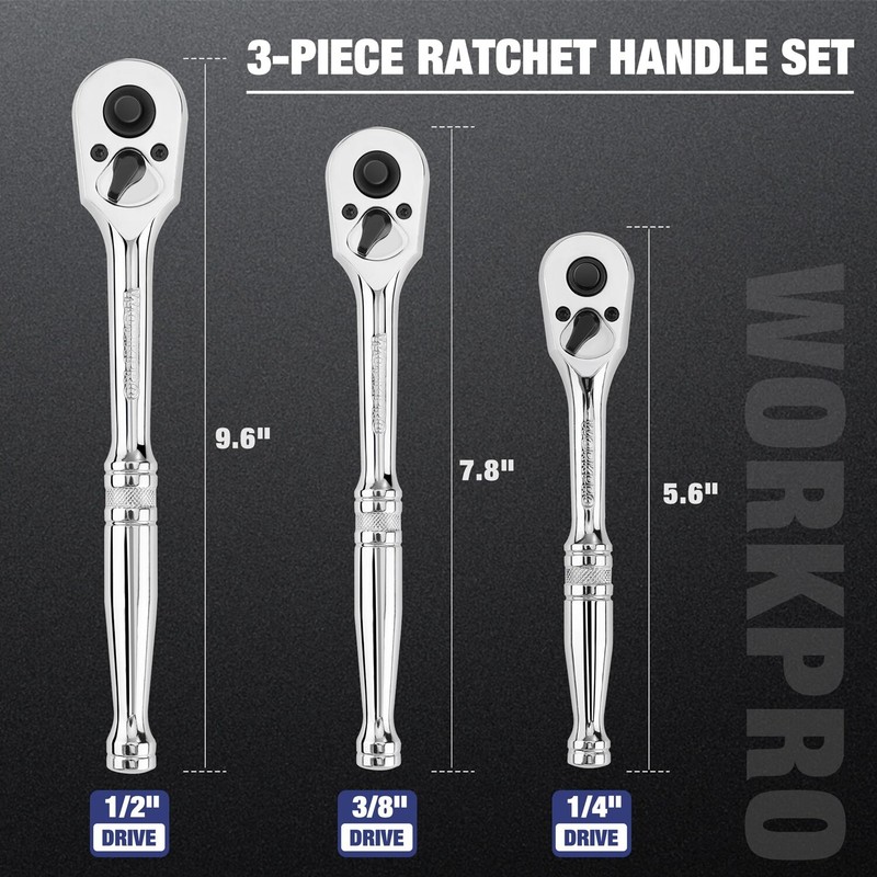 WORKPRO 3PC Ratchet Set Quick Release Reversible 72-Tooth 1/4" 3/8" 1/2" Drive gallery