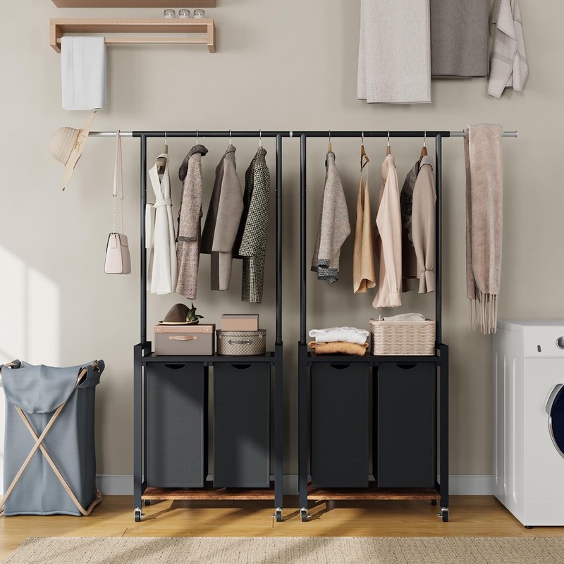 Rolling Laundry Cart with Hanging Rack & Utility Shelf Sorter-2 Bags with Wheels gallery