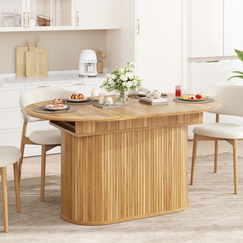 Extendable Dining Table Seats 6, Arc Shape Striped Legs, MDF, Natural gallery