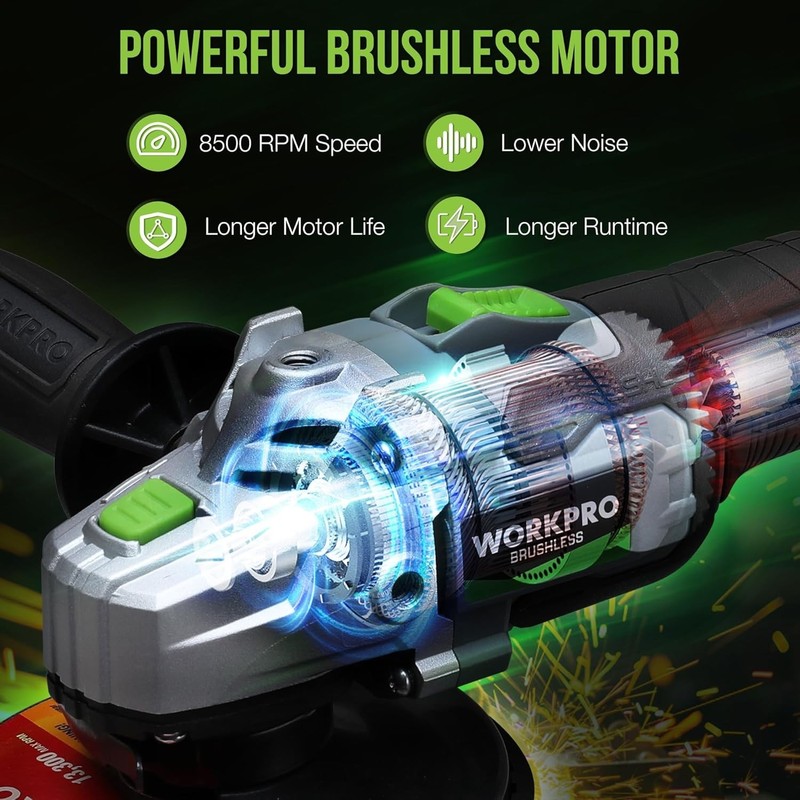 WORKPRO Cordless Angle Grinder, 20V Brushless Grinder with 4.0Ah Battery and Fas gallery