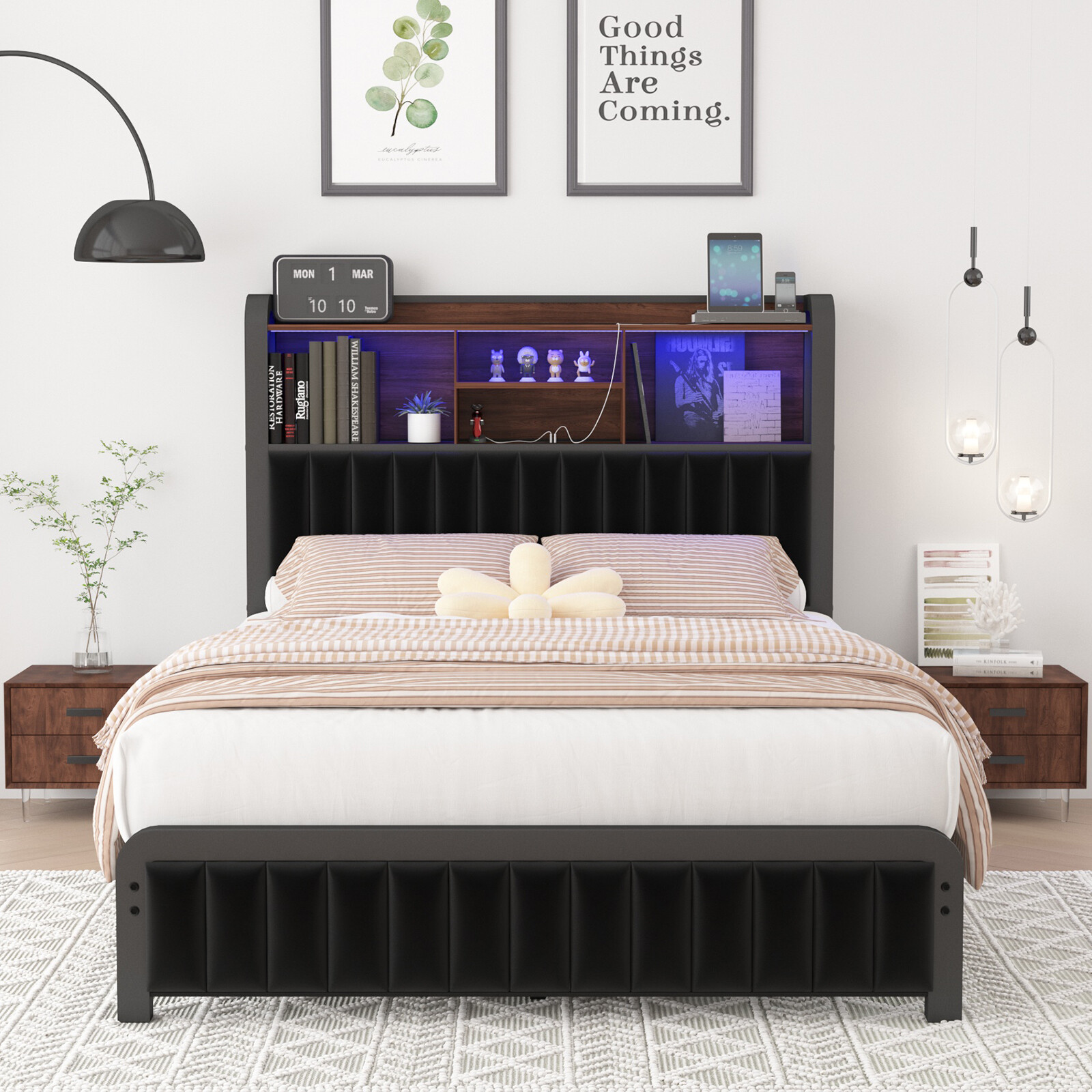 Queen Size LED Bed Frame with Storage Headboard and USB Ports & Outlets gallery