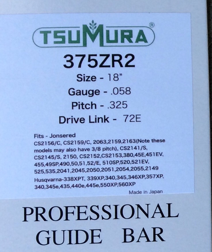 18" TsuMura Guide Bar .325-058-72DL repl. Jonsered 2050 Husqvarna 345 188RNBK095 gallery