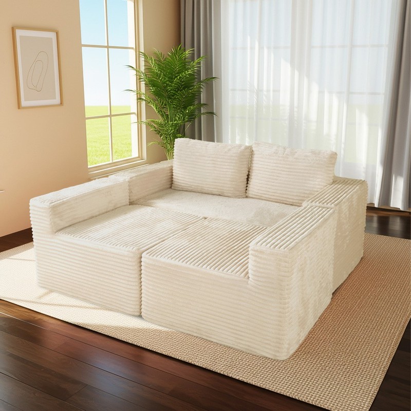 135" Beige Corduroy U-Shaped Modular Sofa 6-Seat Reversible Chaise Easy Assembly gallery