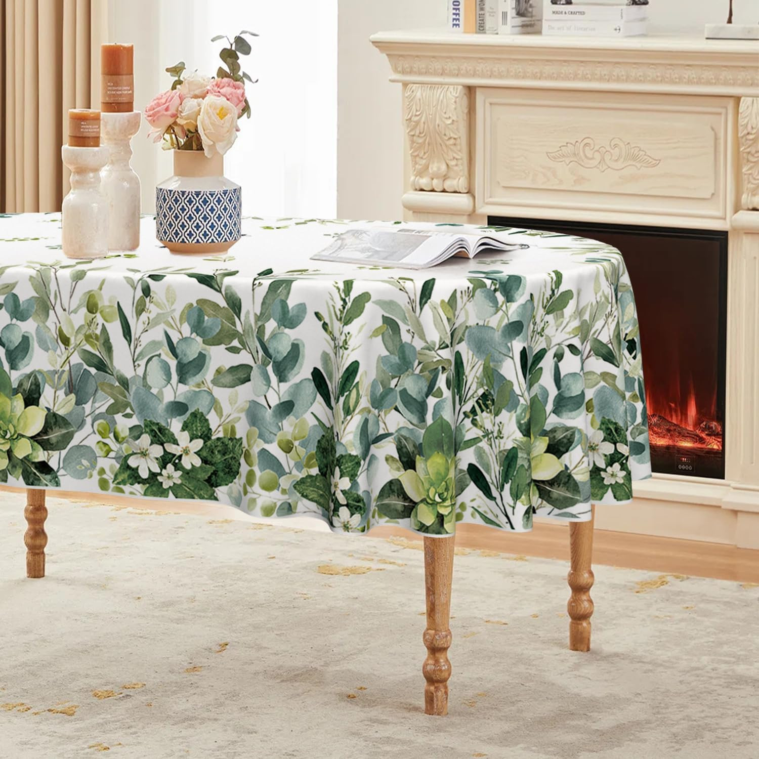 Spring Summer Tablecloth 60X84 Inch Oval, Eucalyptus Floral Table Cover for Part gallery