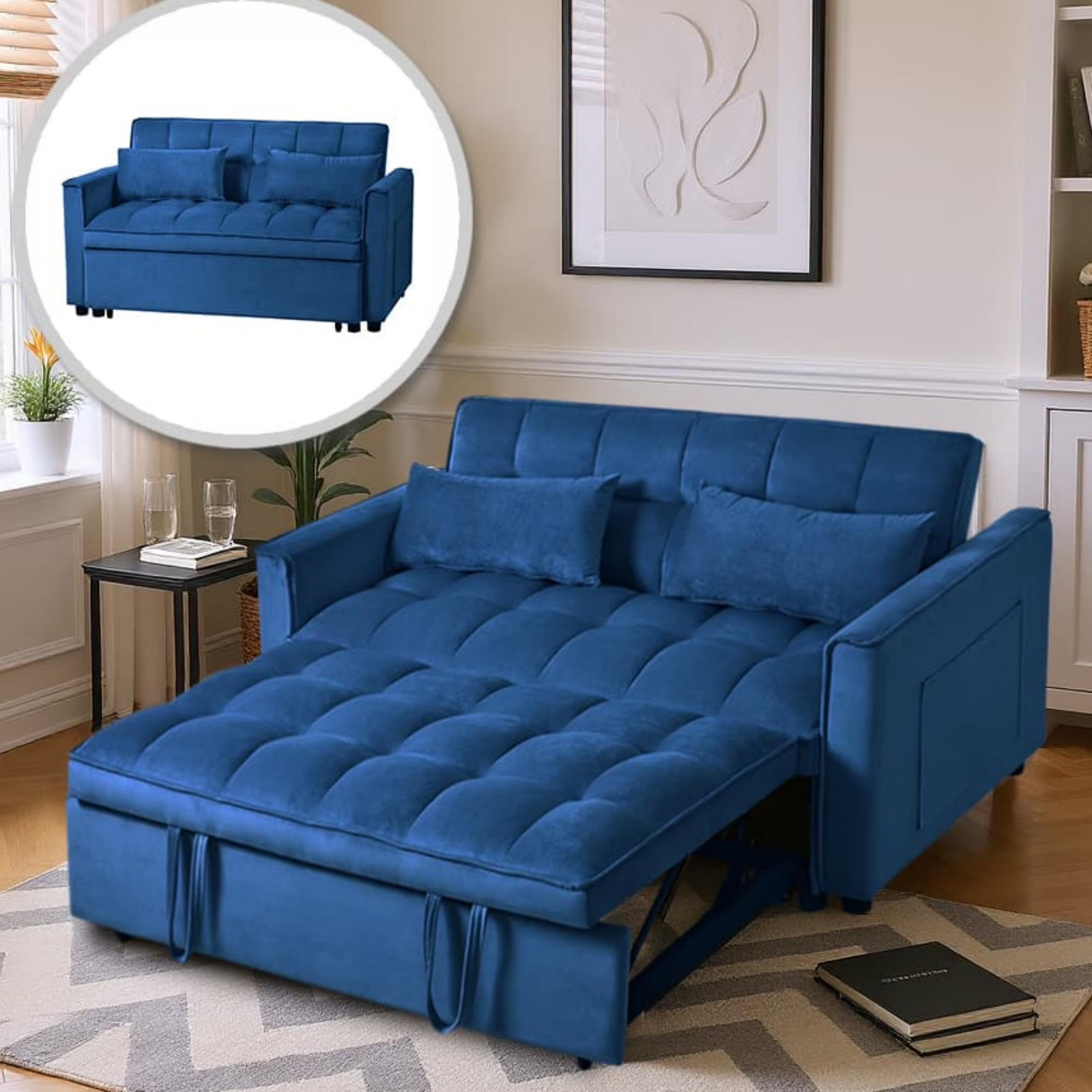 Convertible Sleeper Sofa Bed Pull Out Couch Adjustable Backrest Loveseat Blue gallery