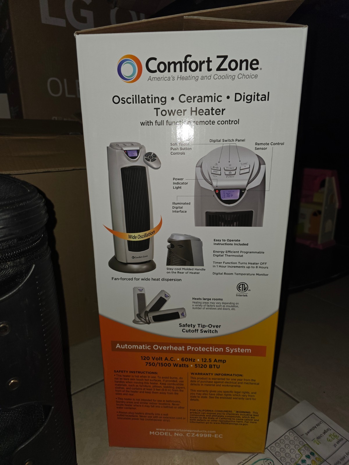 Comfort Zone CZ499R Ceramic Tower Heater 1500W Oscillating Remote Digital Thermo gallery