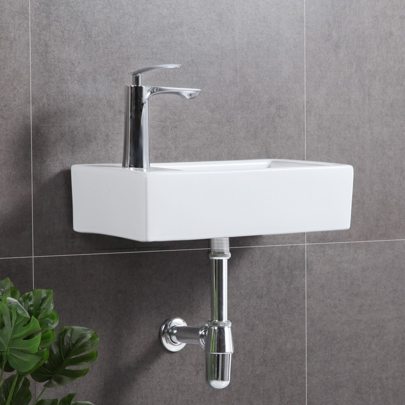 Wall Mount Hung Small Vessel Sink- Bathroom Corner Floating Sink Rectangle White gallery