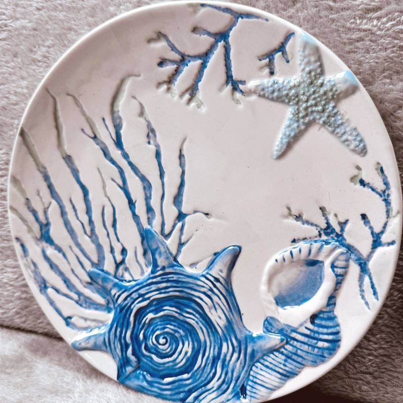 Cracker Barrel Hand Painted Stoneware Coastal Shell Starfish Salad Plates Set 2 gallery