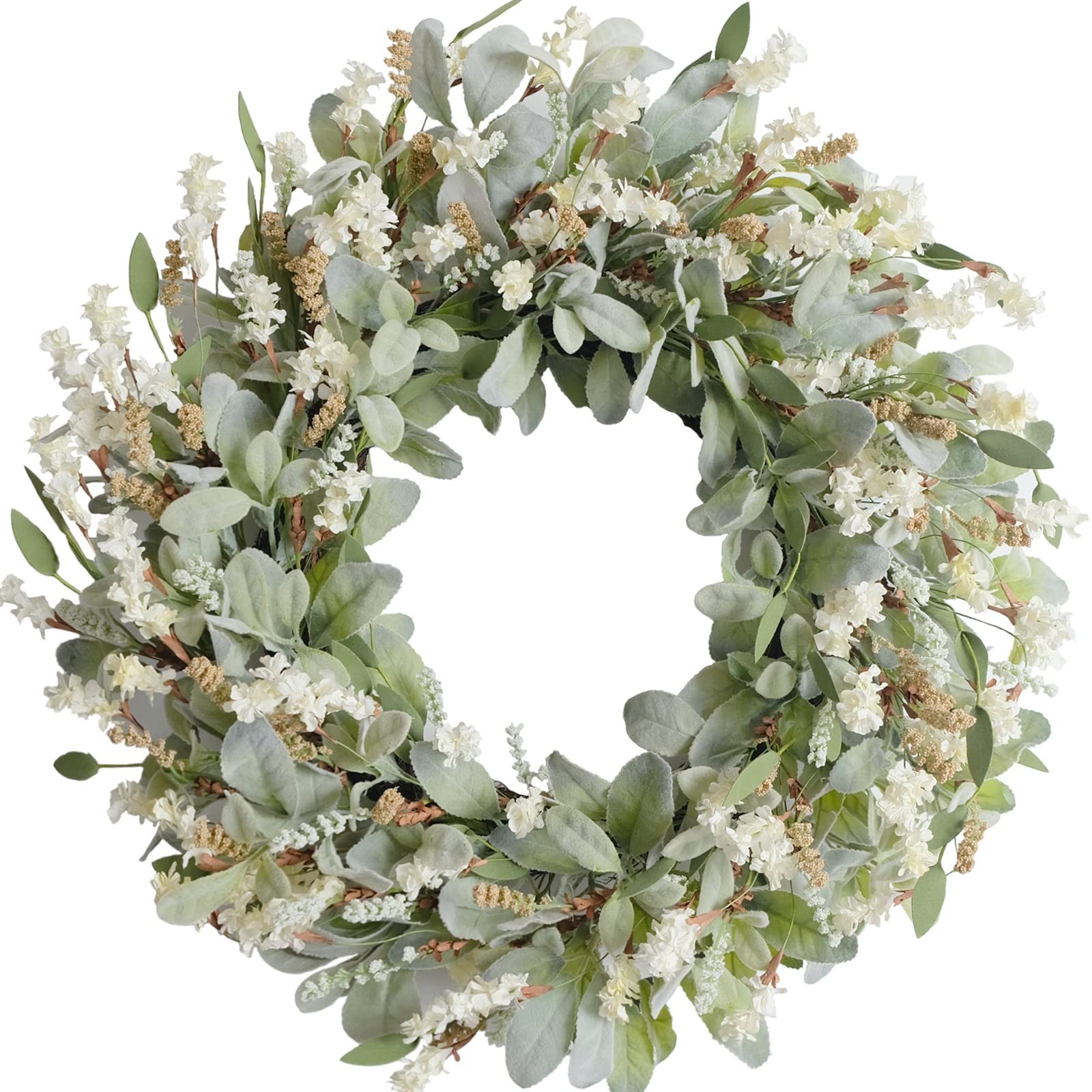 24 Inch Summer Spring Ivory Flowers Wreath for Front Door, Everyday Lamb Ears gallery