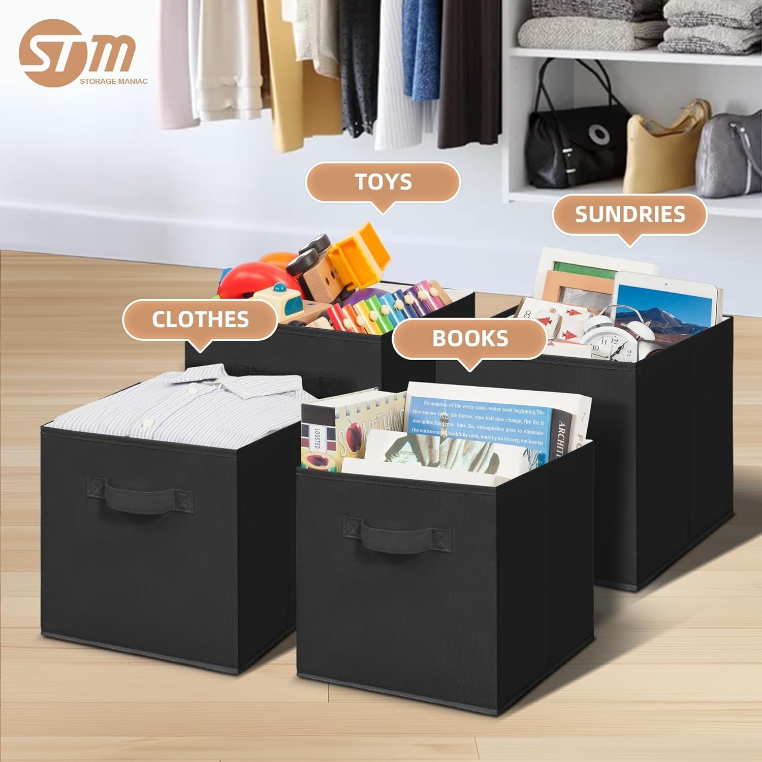 Storage Cubes - 6 Pack 11 Inch Fabric Foldable Bins with Handles Black gallery