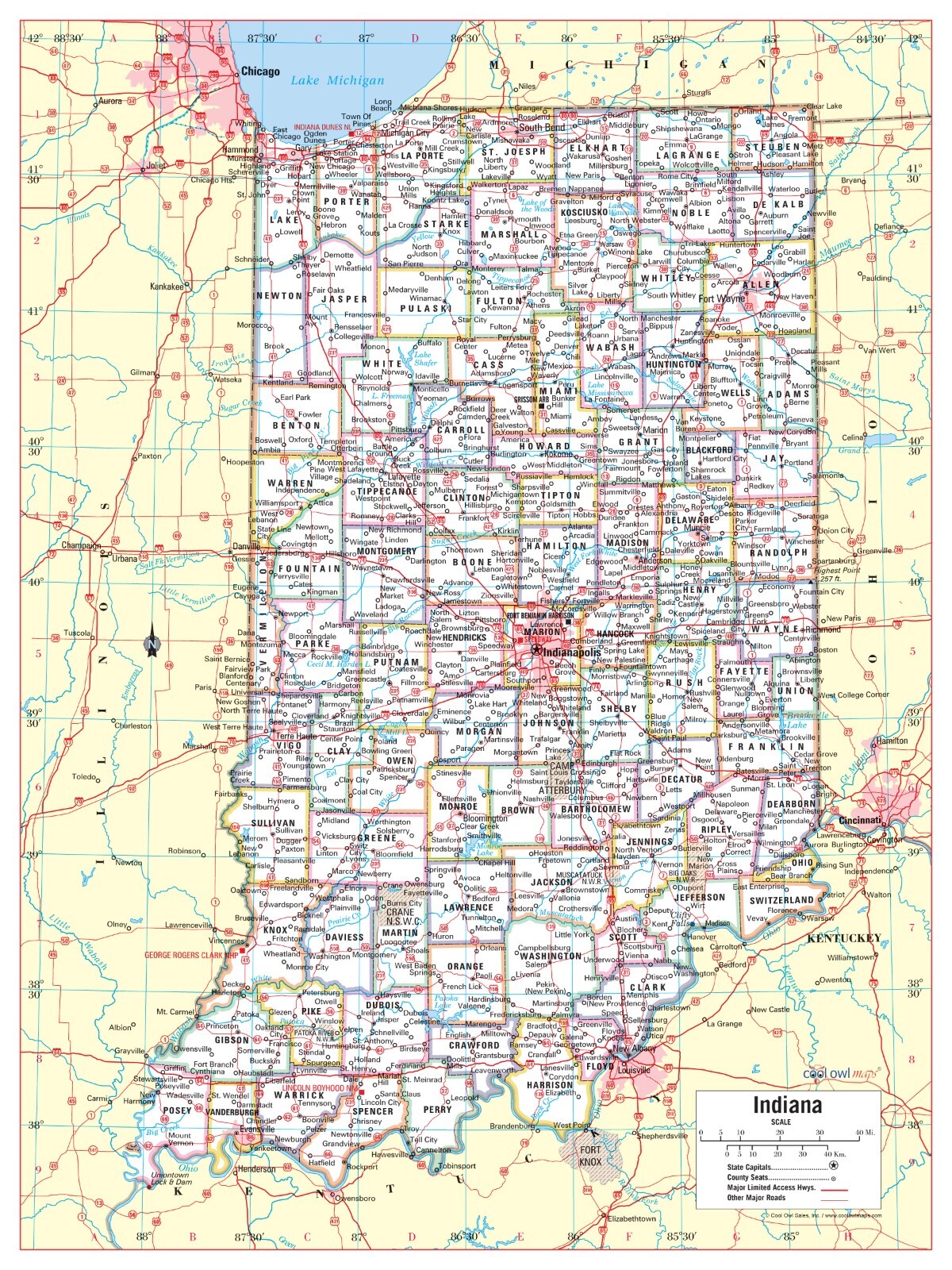 Indiana State Wall Map Large Print Poster 24"W x 32"H gallery