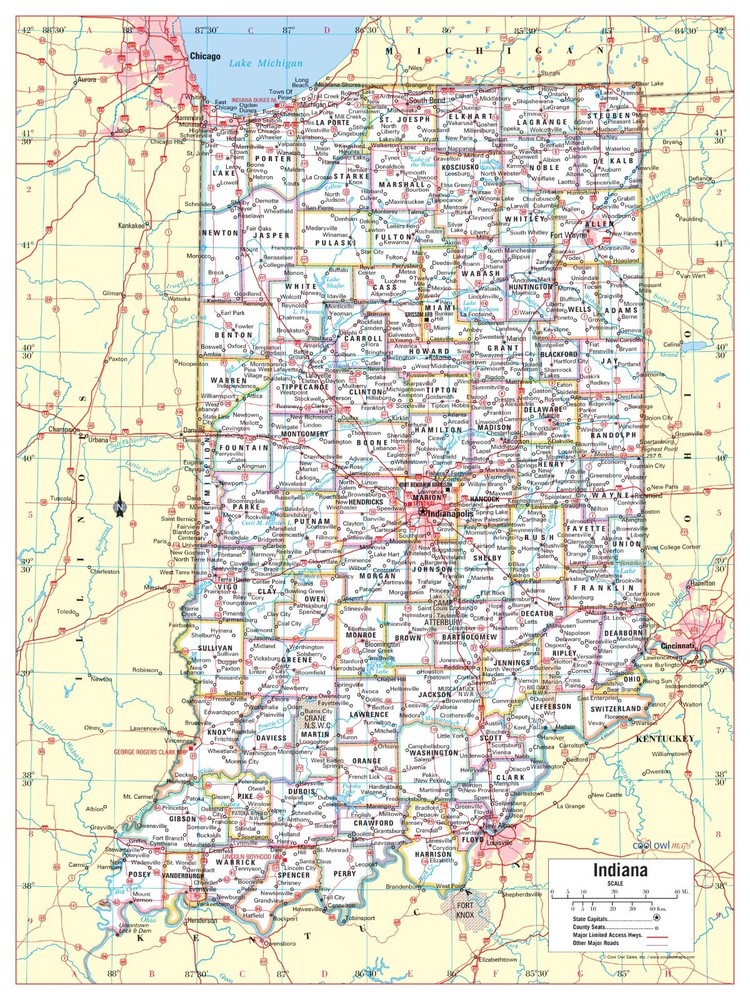 Indiana State Wall Map Large Print Poster 24"W x 32"H