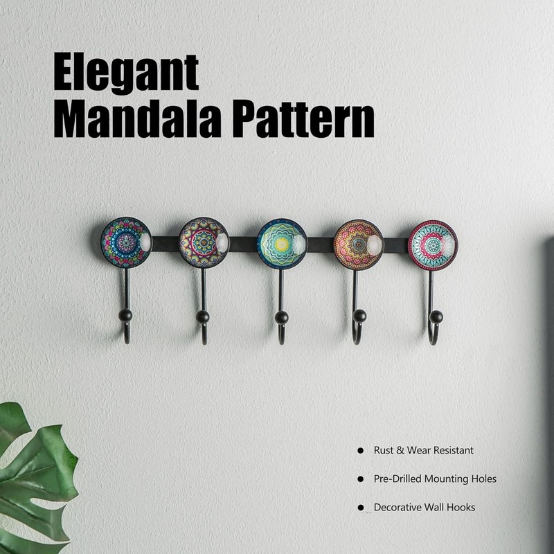 Boho Coat Rack Wall Mounted with 5 Hooks, Multi-Color Mandala Pattern Decorative gallery