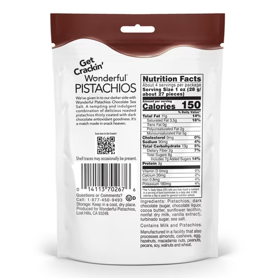 Wonderful Pistachios, No Shells, Chocolate Sea Salt, 4 Ounce Resealable Bag. gallery
