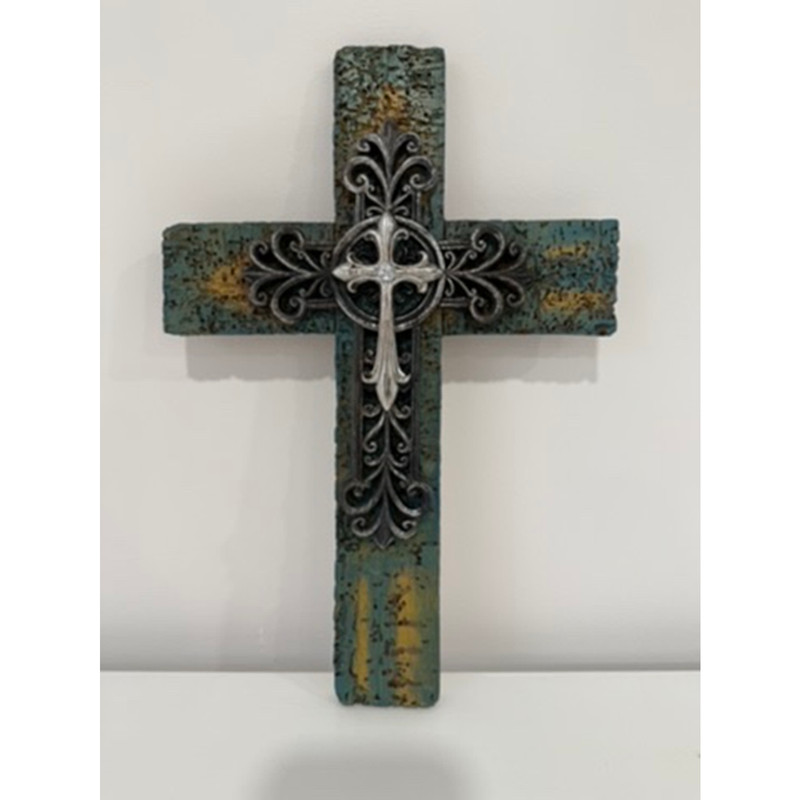 Rustic Turquoise Wall Cross Christian Faith Metal Overlay Southwest Decor 15 in gallery