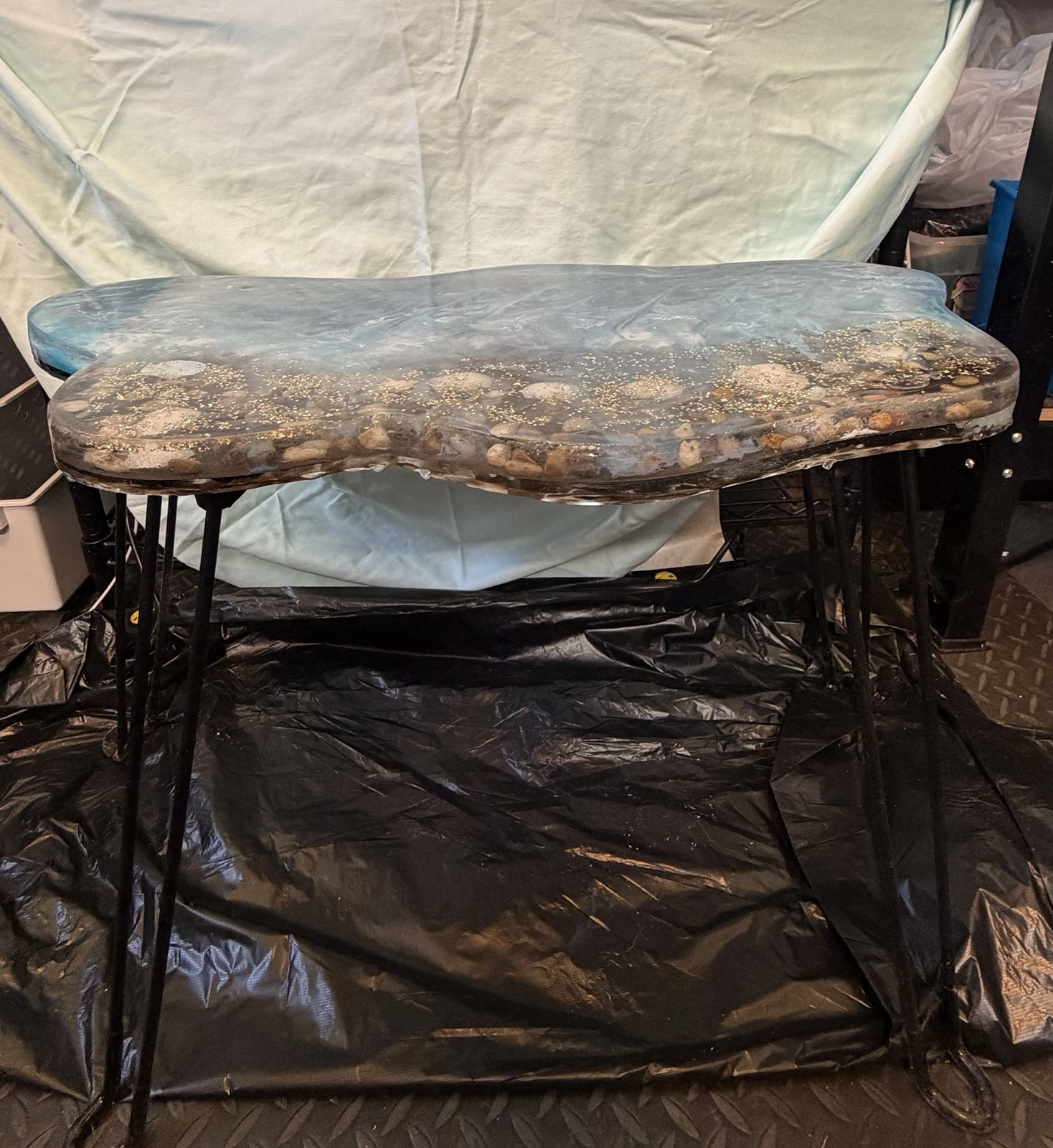 Handmade Resin Coastal Free Form End Table Blue Gold Ocean Theme 24x14.5x17.5in gallery