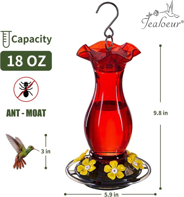 Hummingbird Feeder 18oz Outdoor Hanging Red with 6 Ports Bee Guards & Ant Moat gallery