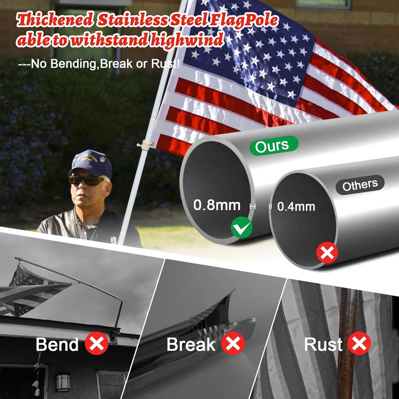 6FT Flag Pole Tangle Free Stainless Steel Durable Rust Free Wind Resist Metal... gallery