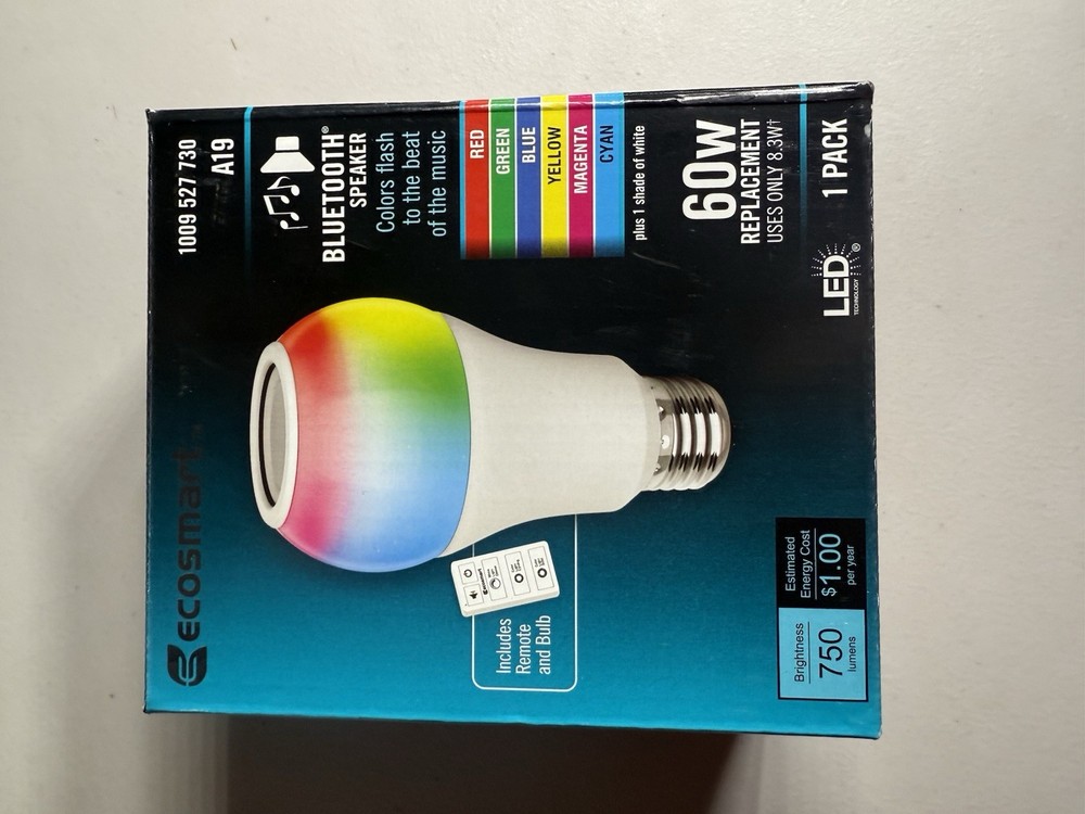 EcoSmart 60W Equivalent A19 CEC Bluetooth Speaker Colored+Bright White+Remote
