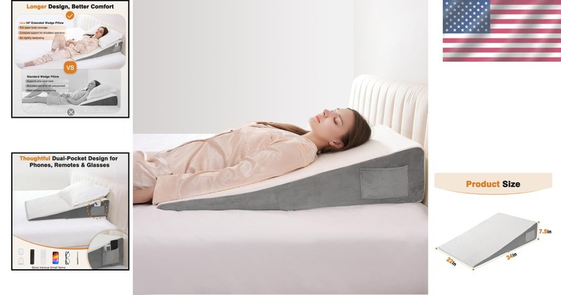 34" Wedge Pillow with Side Pockets, Perfect for Snoring & Acid Reflux Relief gallery