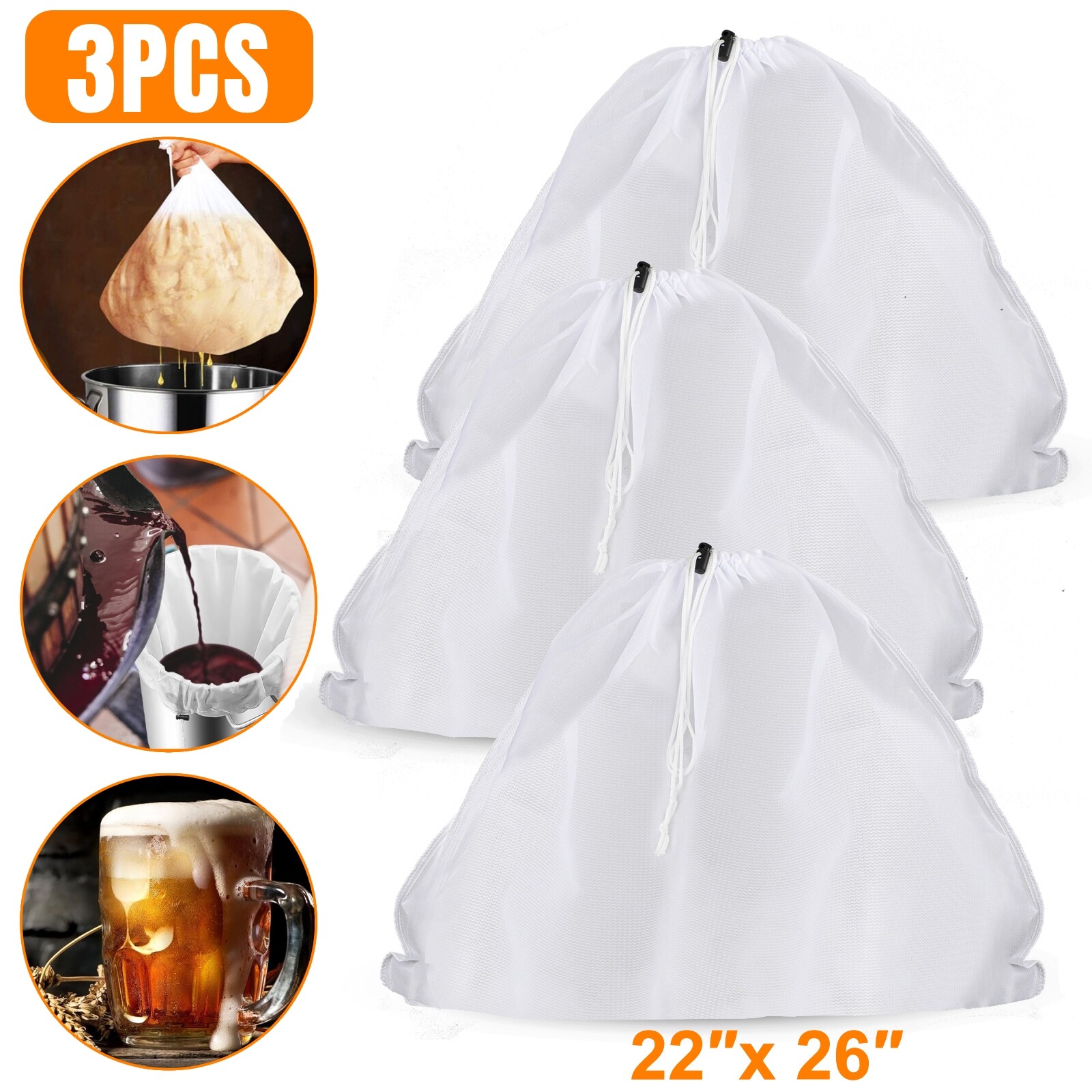 3x Drawstring Straining Brew Bag Extra Large Fine Mesh for Fruit Grape Wine Beer gallery