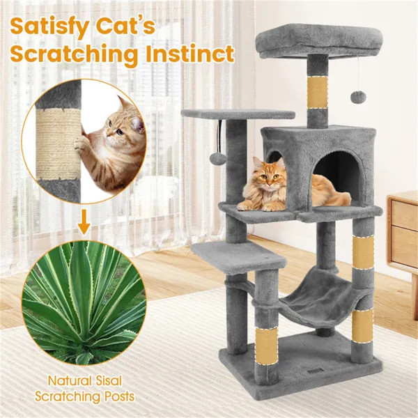 44in Cat Tree Tower Light Gray Multi Level w/ Top Perch 2 Door Condo Hammock for gallery