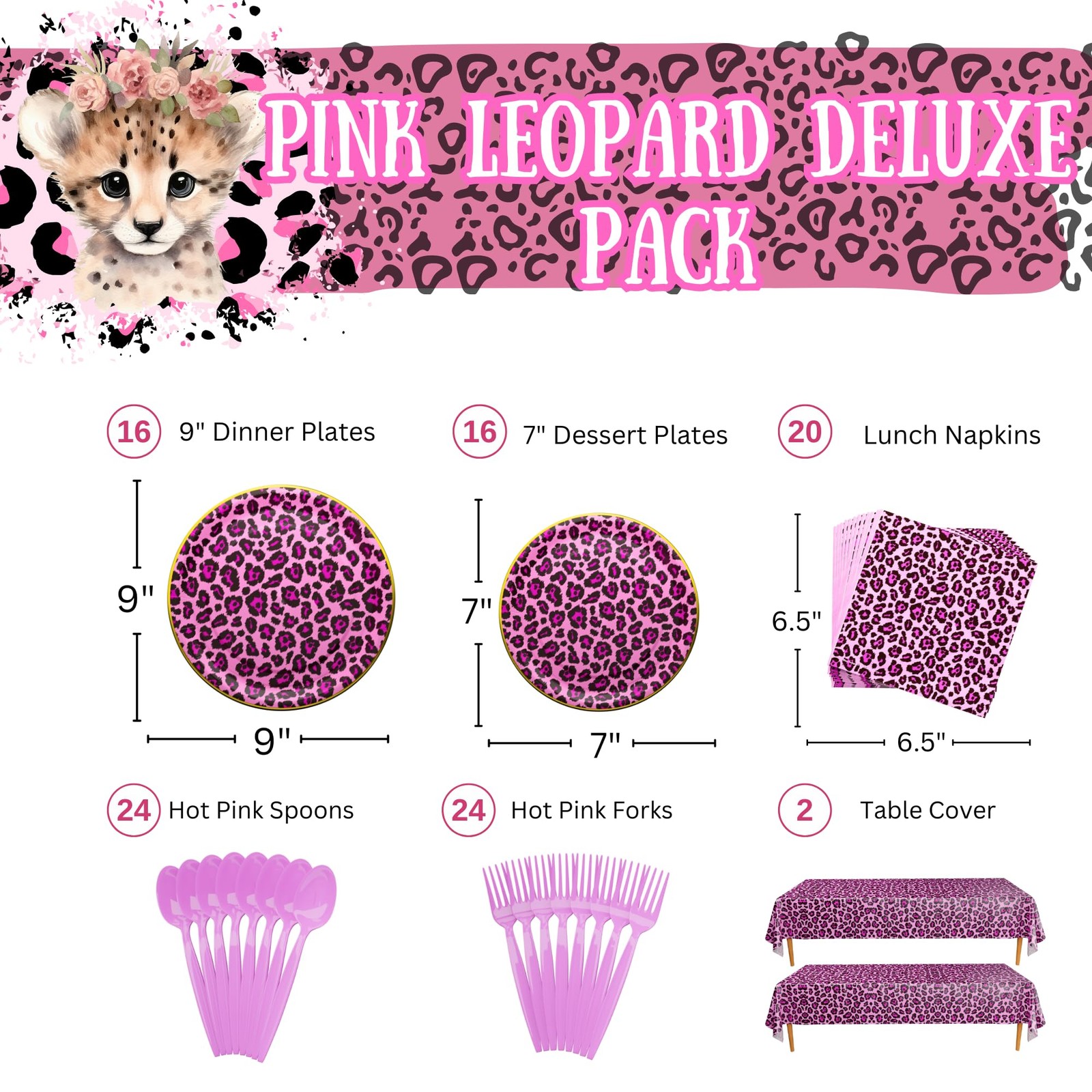 Pink Leopard Deluxe Party Supplies Pack (124 Pieces for 16 Guests) - Cheetah gallery