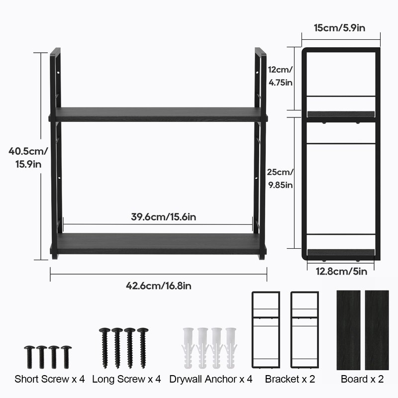 2Layer Floating Bookshelf 16 Inch Stud Wall Mount Hanging Shelf Black gallery