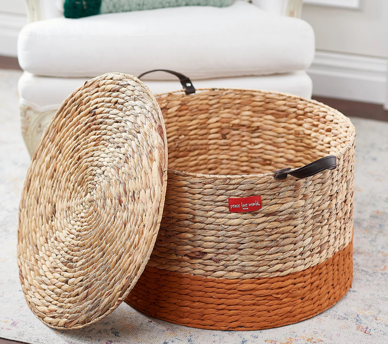 Peace Love World Water Hyacinth Storage Ottoman with Lid Natural gallery