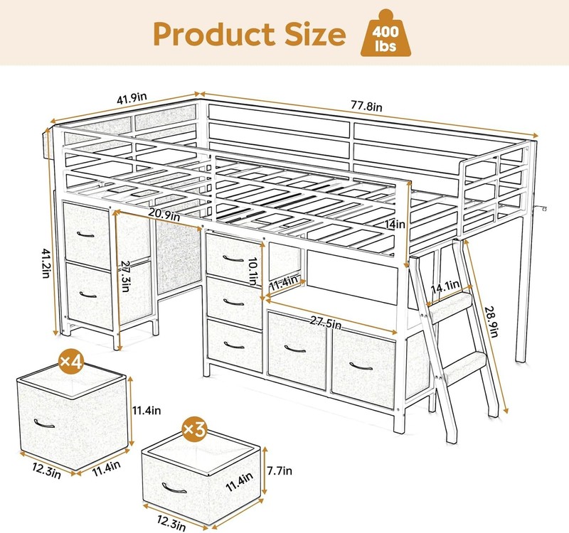 Twin Low Loft Bed with 7 Storage Drawers, Bookcase and LED Lights, Metal Kids gallery